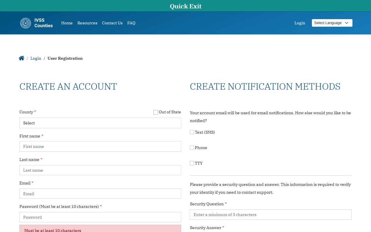 Texas IVSS account and notification registration screen