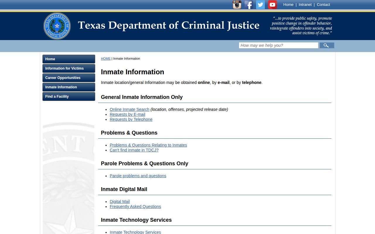 TDCJ offender information page for Willacy County release searches