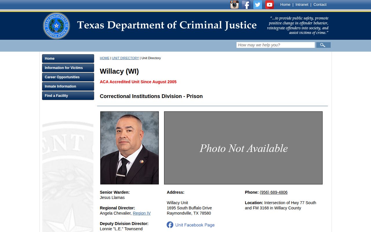 Official TDCJ directory page for Willacy Unit